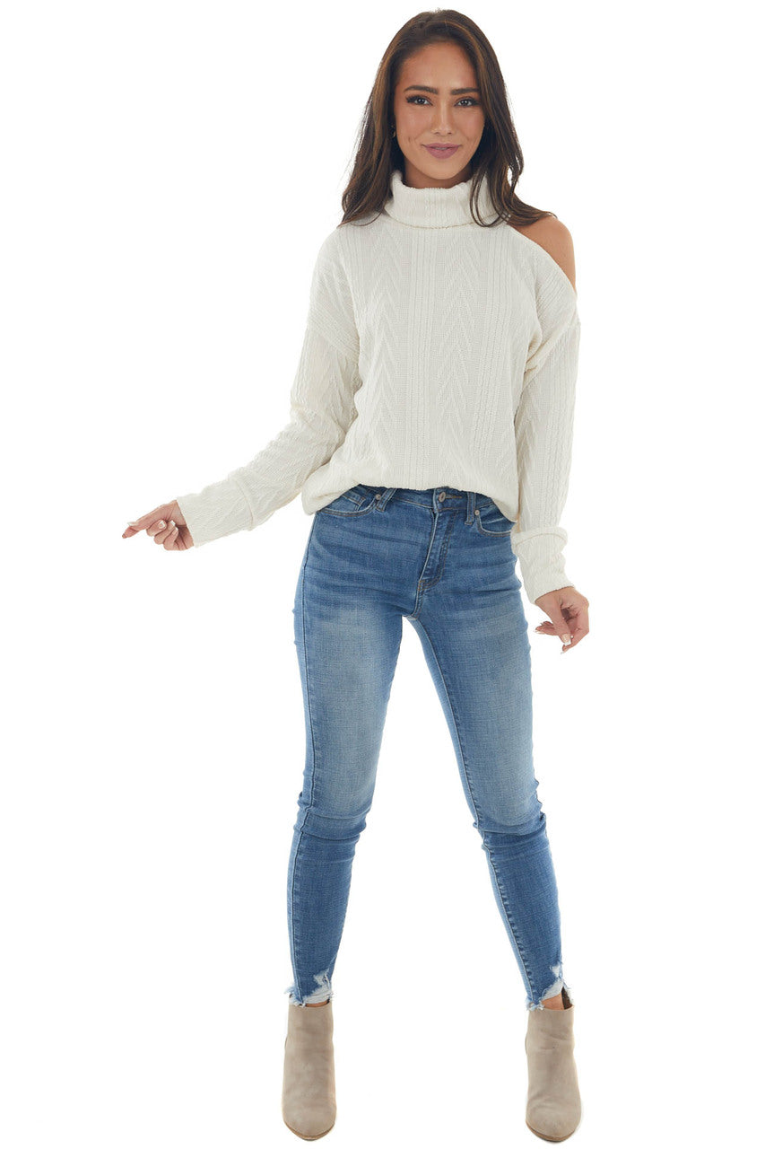 Cream Textured Cowl Neck Cold Shoulder Sweater 