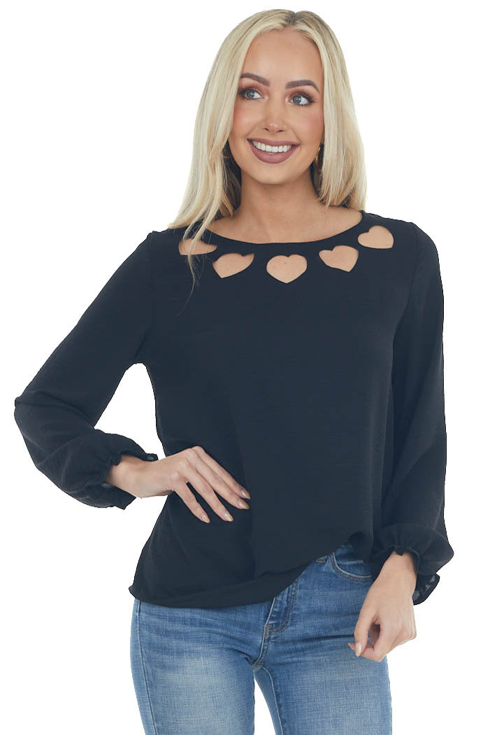Black Heart Cut Out Long Ruffle Sleeve Top
