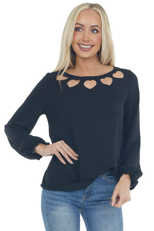 Black Heart Cut Out Long Ruffle Sleeve Top