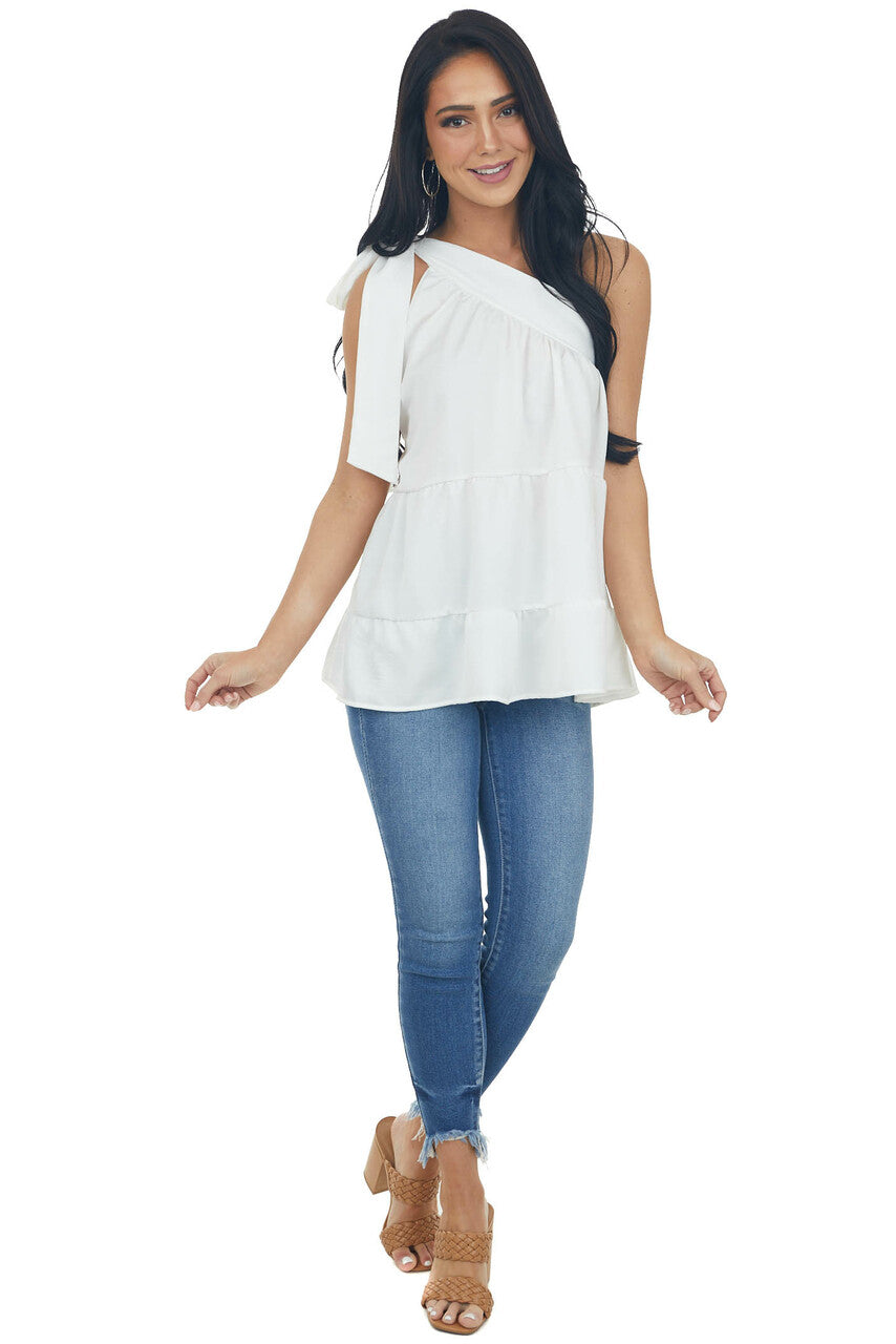White Silky One Shoulder Tied Strap Tiered Top