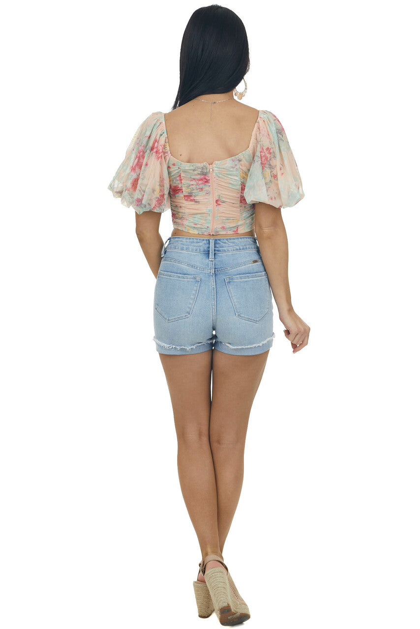 Peach Floral Bubble Sleeve Ruched Crop Top