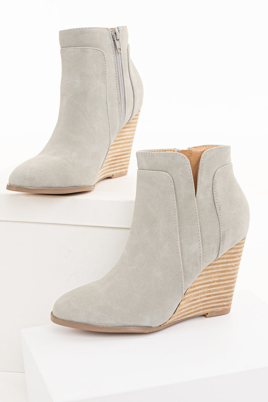 Clay Grey Faux Suede Stacked Wedge Bootie 