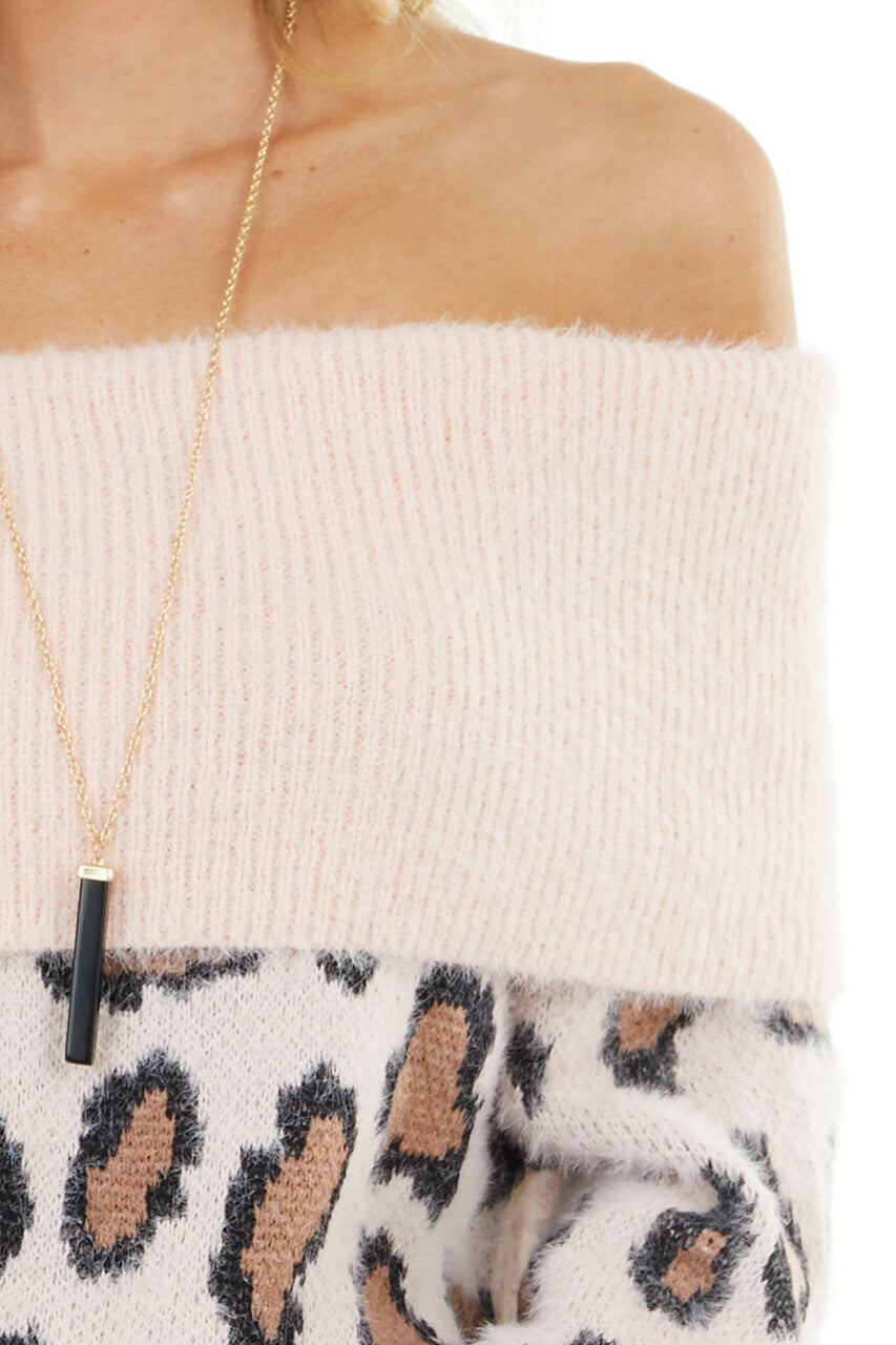 Blush Fuzzy Leopard Long Sleeve Off the Shoulder Sweater