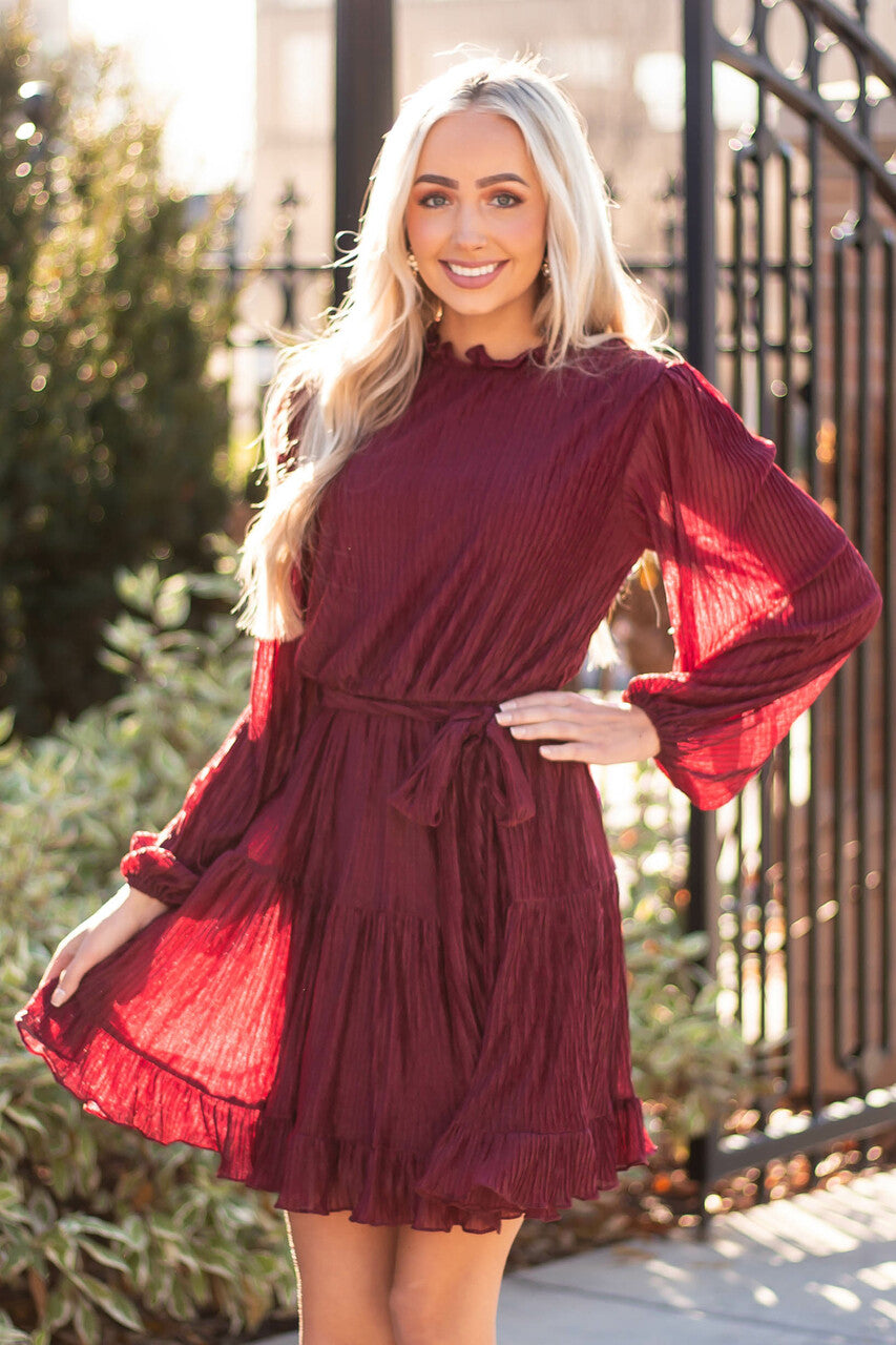 Maroon Puff Sleeve Shimmery Short Dress