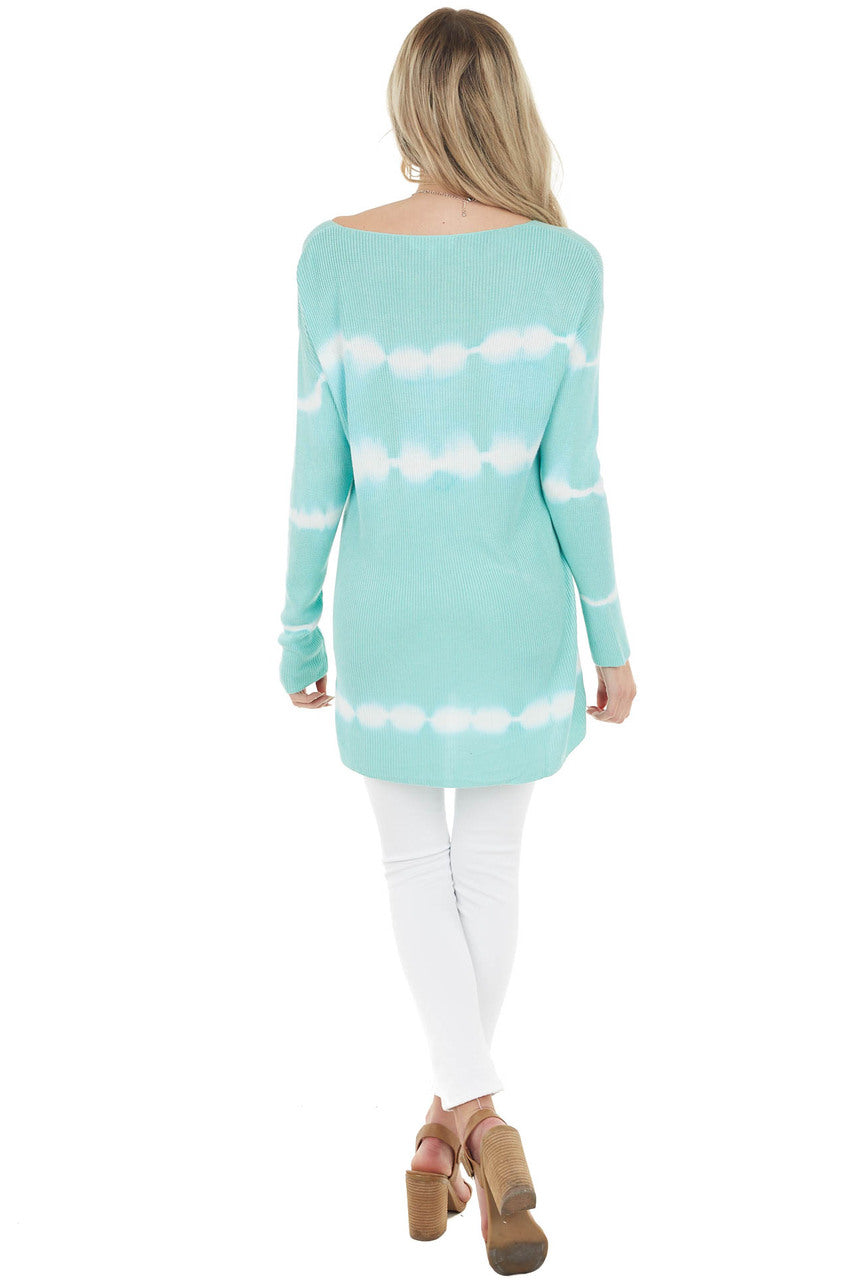Aqua Striped Tie Dye Ribbed Knit Top with Long Sleeves