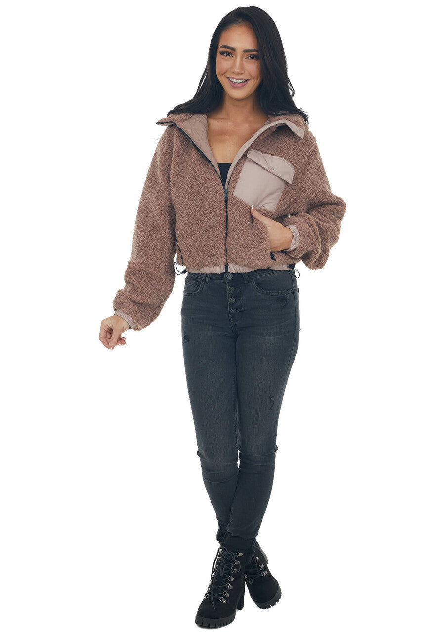 Rose Taupe Mock Neck Hooded Cozy Teddy Jacket 