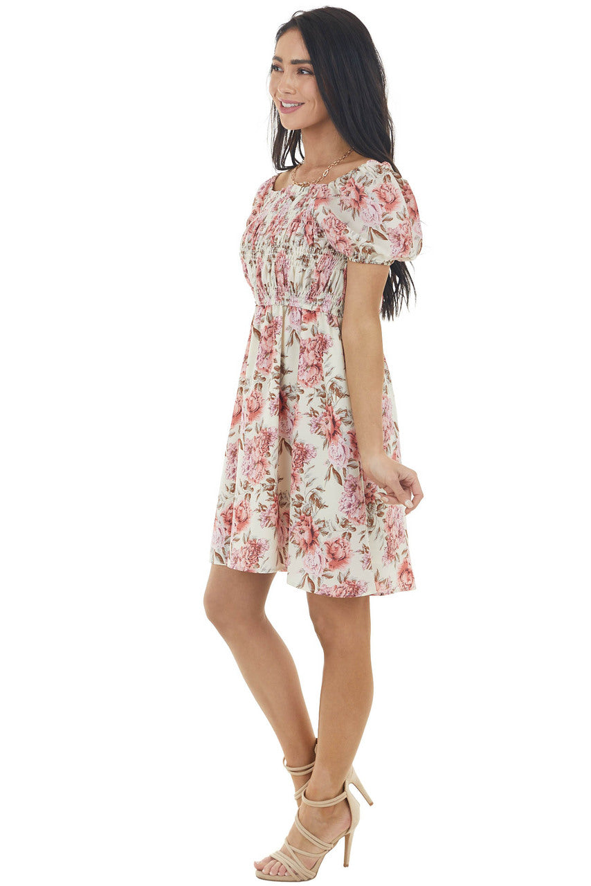 Dark Cream Floral Print Mini Dress with Smocked Bodice
