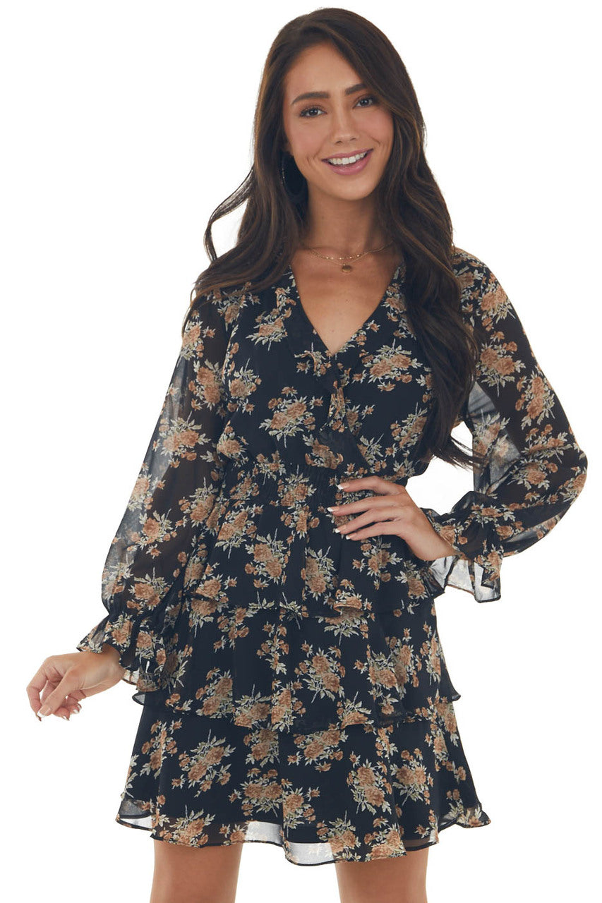Black and Taupe Floral Surplice Ruffle Dress