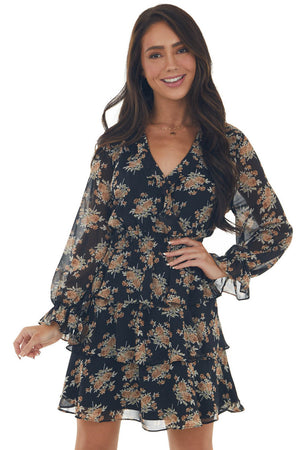 Black and Taupe Floral Surplice Ruffle Dress