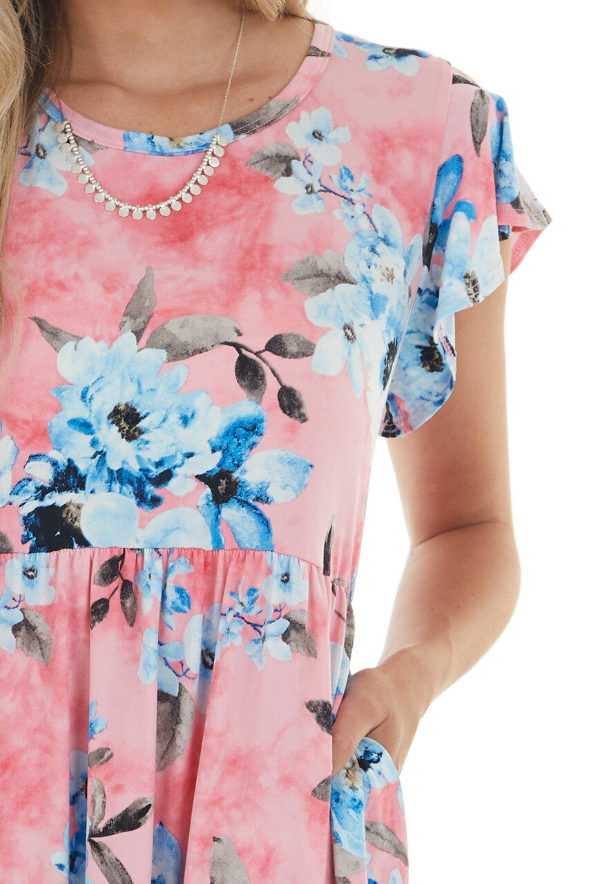 Watermelon Floral Short Dress with Pockets