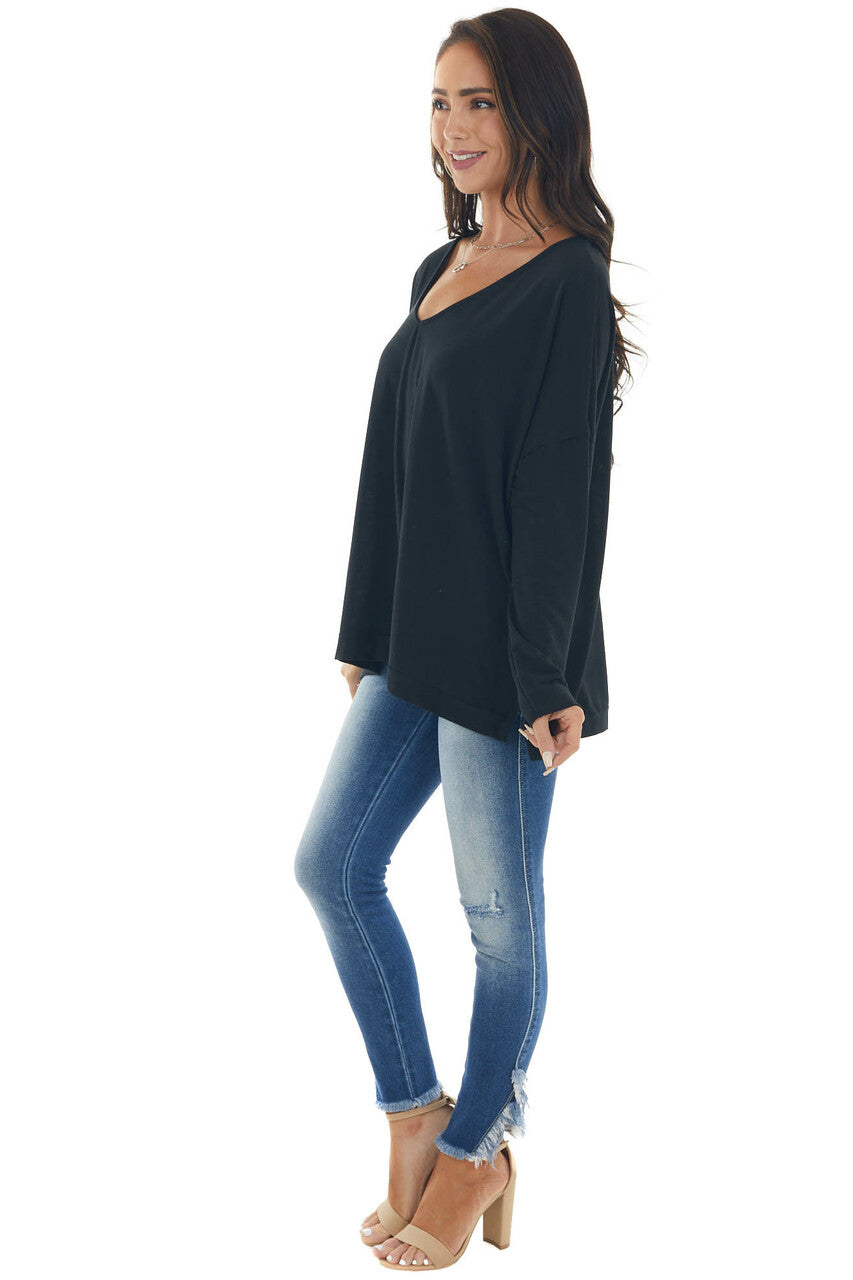Black Drop Shoulder Knit Top with V Neck