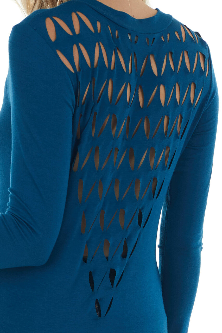 Sea Blue Laser Cut Out Back Long Sleeve Top