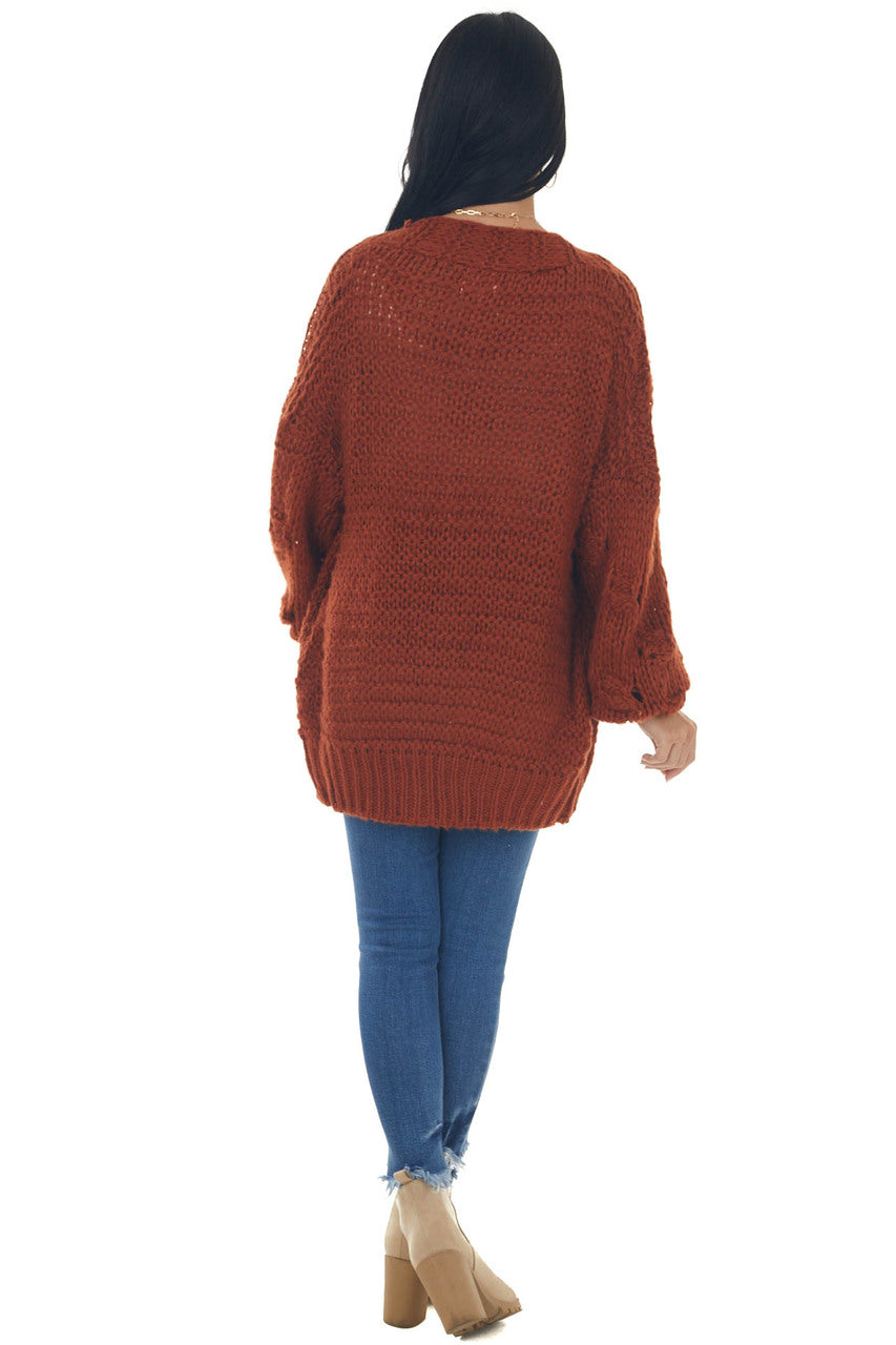 Rust Chunky Knit Cardigan with Long Sleeves