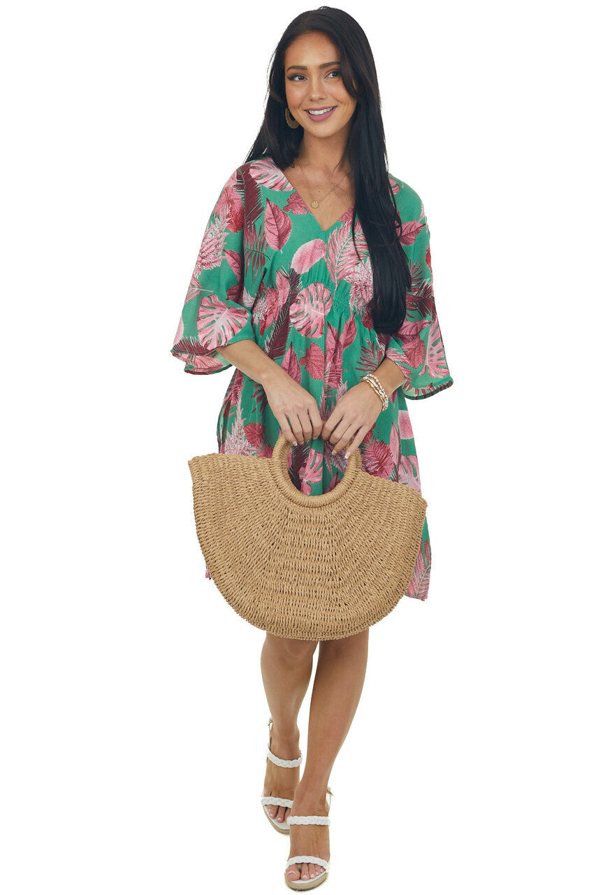 Jade and Hibiscus Leaf Print Half Sleeve Dress 