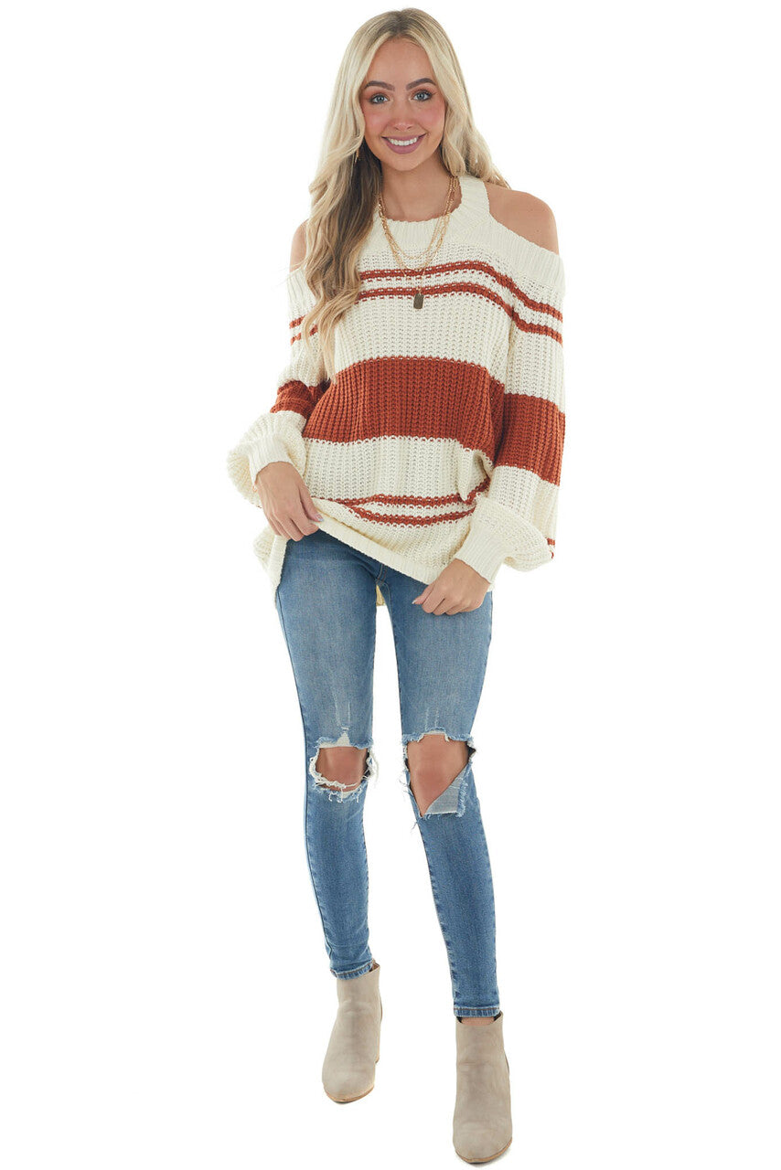 Tawny Striped Cold Shoulder Keyhole Sweater