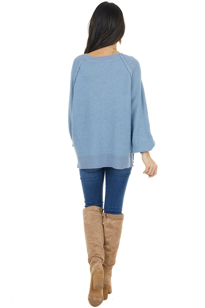 Dusty Blue Long Sleeve Lightweight Sweater with Raw Details