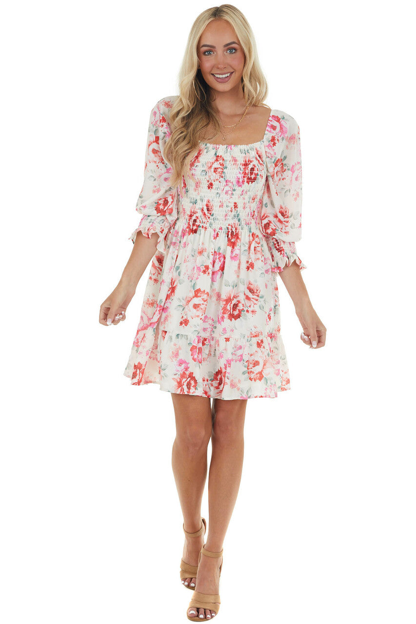 Cream and Ruby and Smocked Bust Long Sleeve Mini Dress 