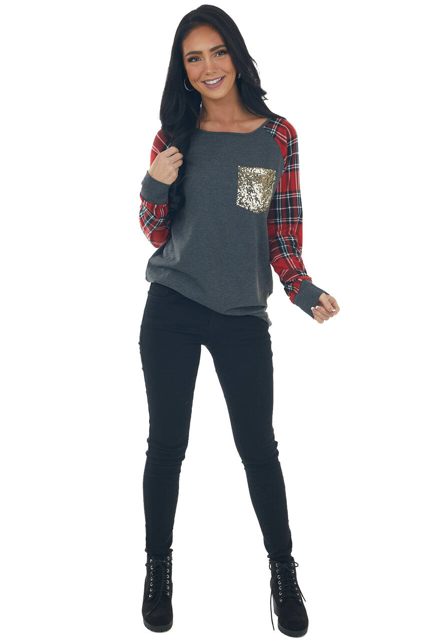 Graphite and Ruby Plaid Sequined Knit Top
