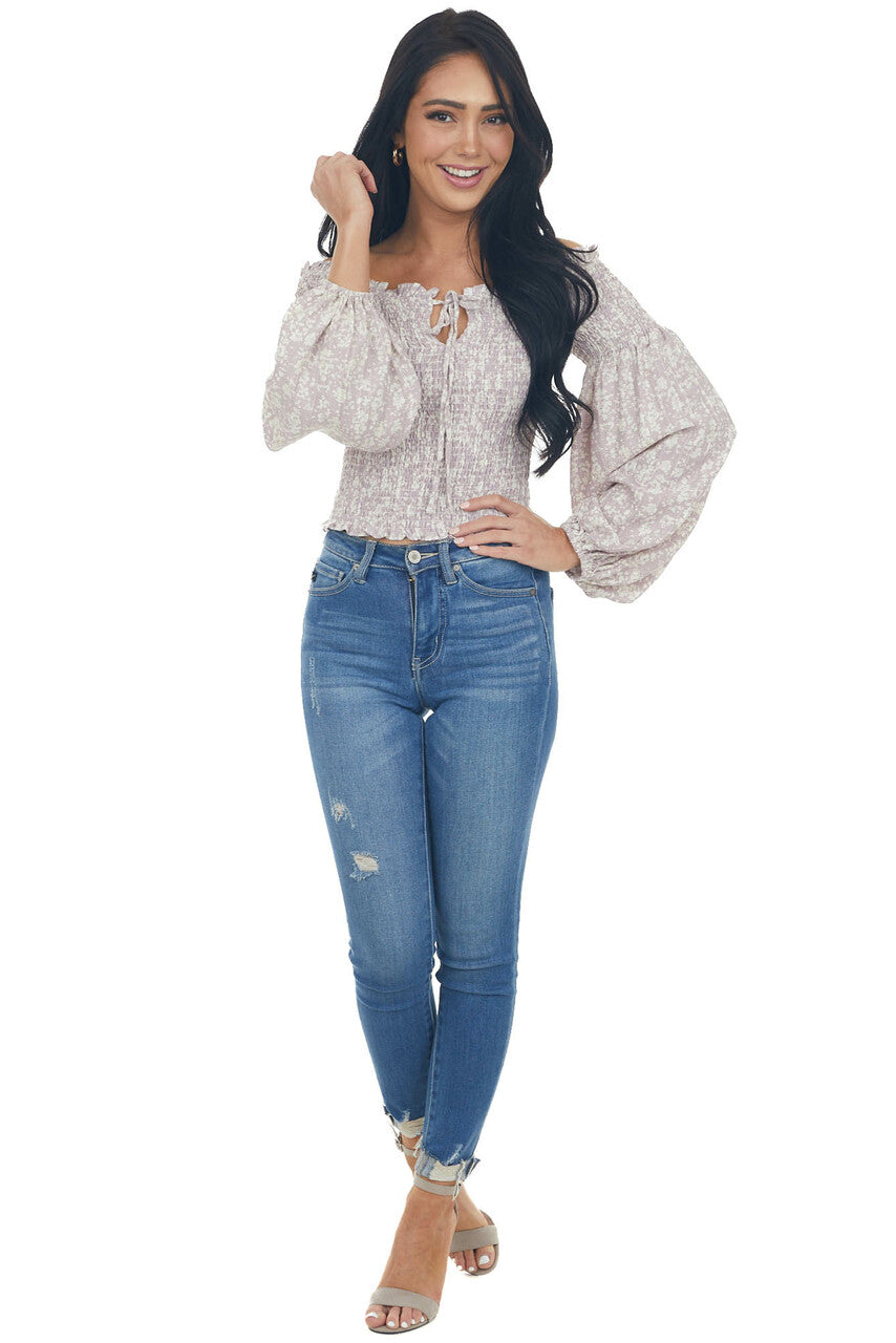 Lilac and Ivory Printed Smocked Off the Shoulder Blouse