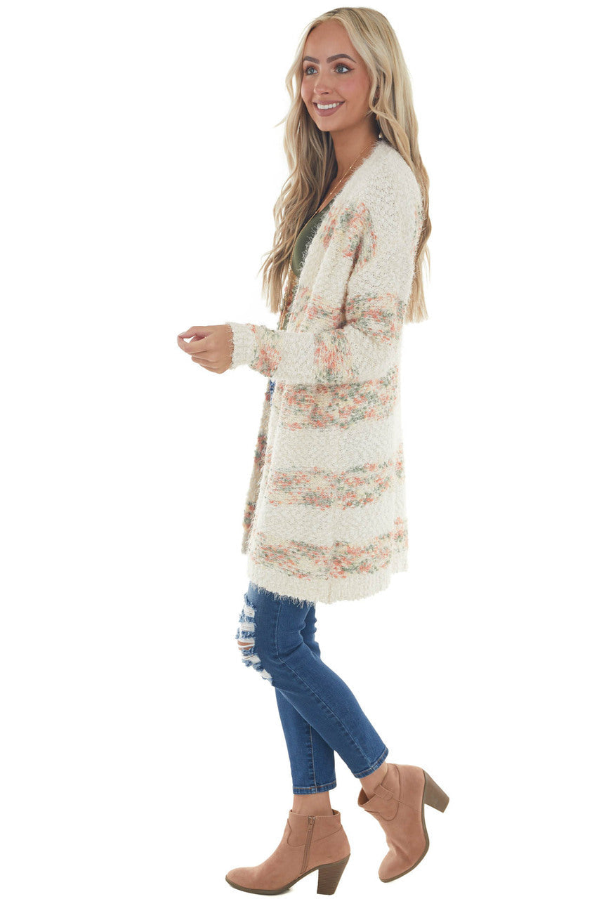 Cream Striped Open Front Popcorn Knit Cardigan 