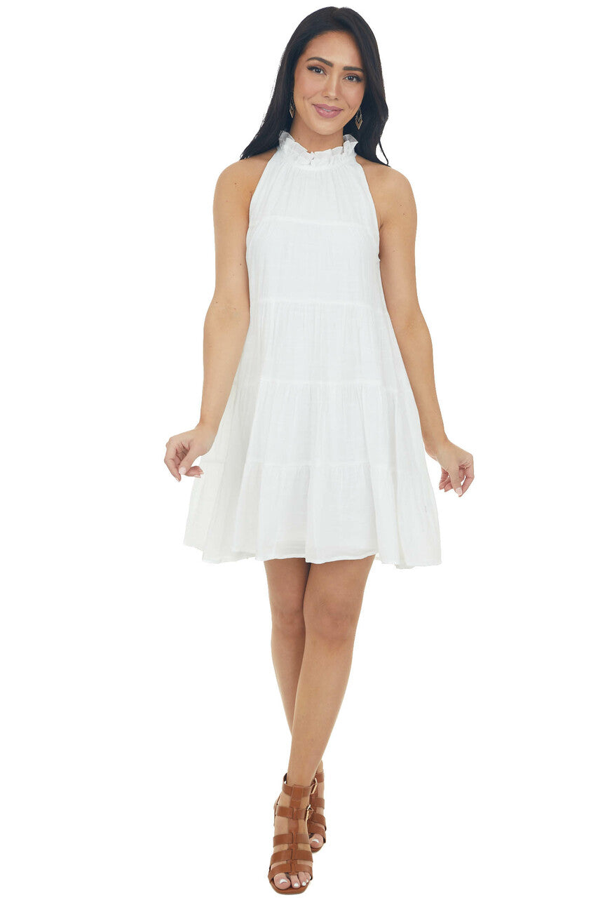 Off White Halter Neck Tiered Short Dress