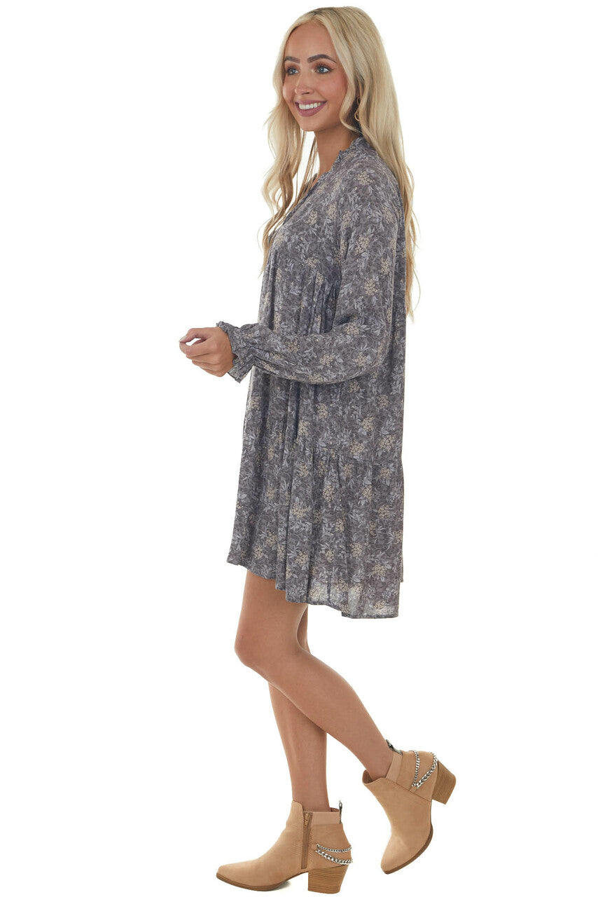 Steel Grey Floral Print Long Sleeve Mini Dress