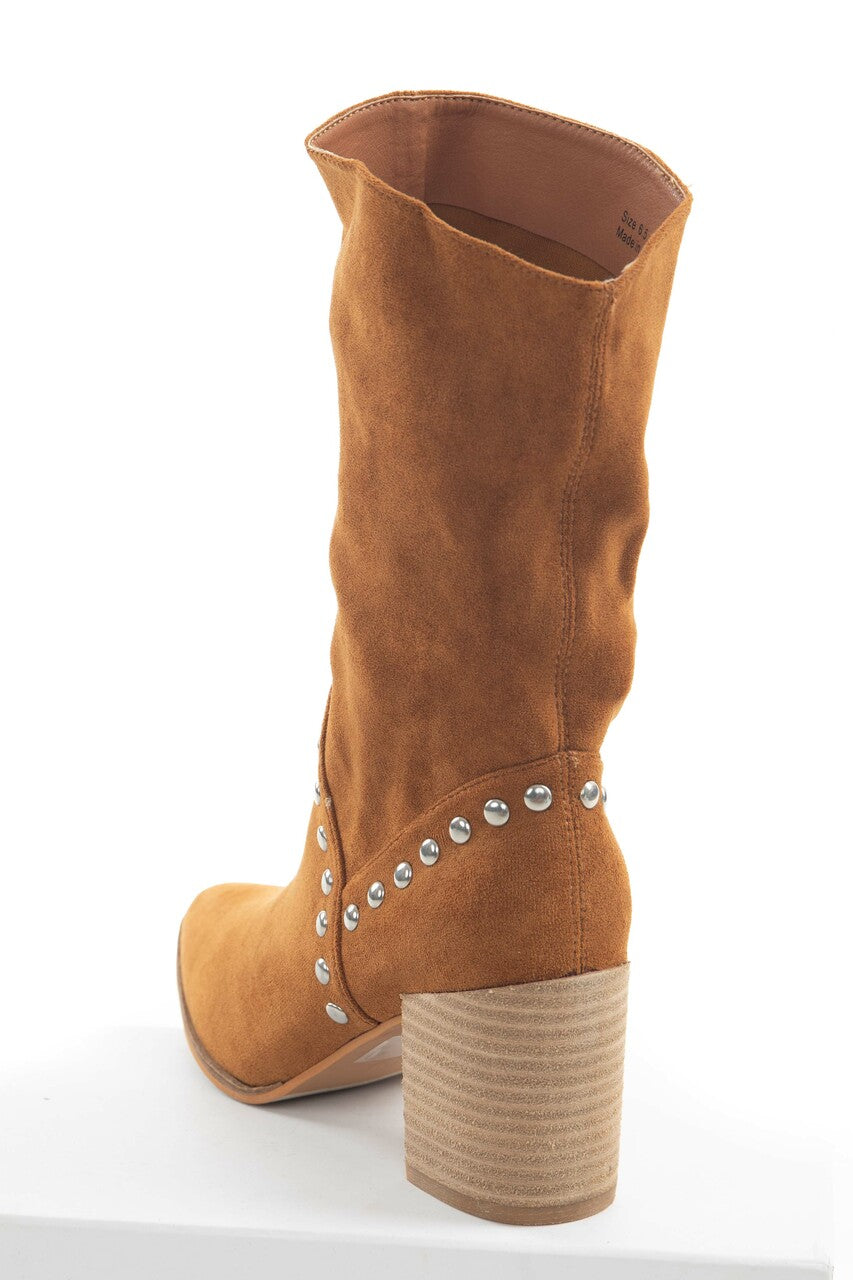 Caramel Suede Pointed Toe Studded Midi Booties