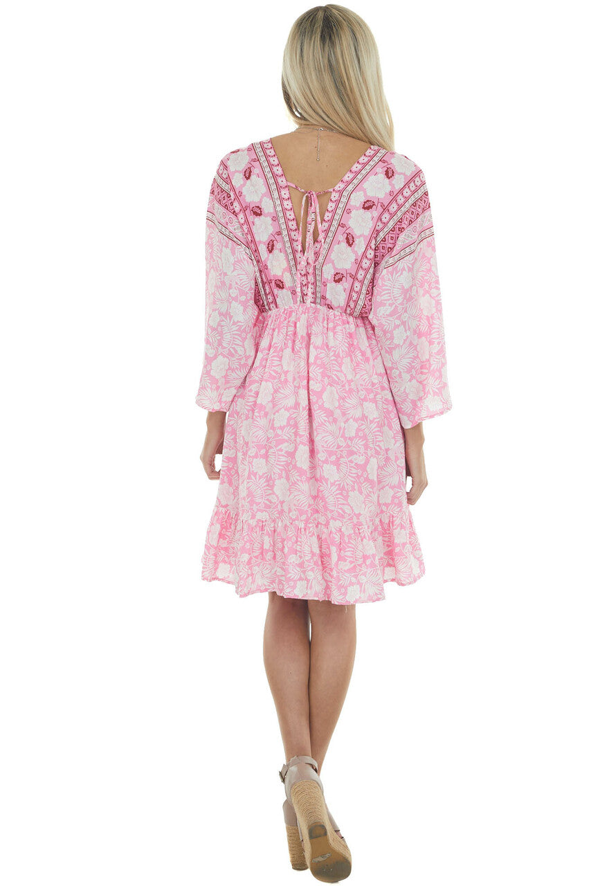 Bright Pink Tropical 3/4 Sleeve Back Tie Dress