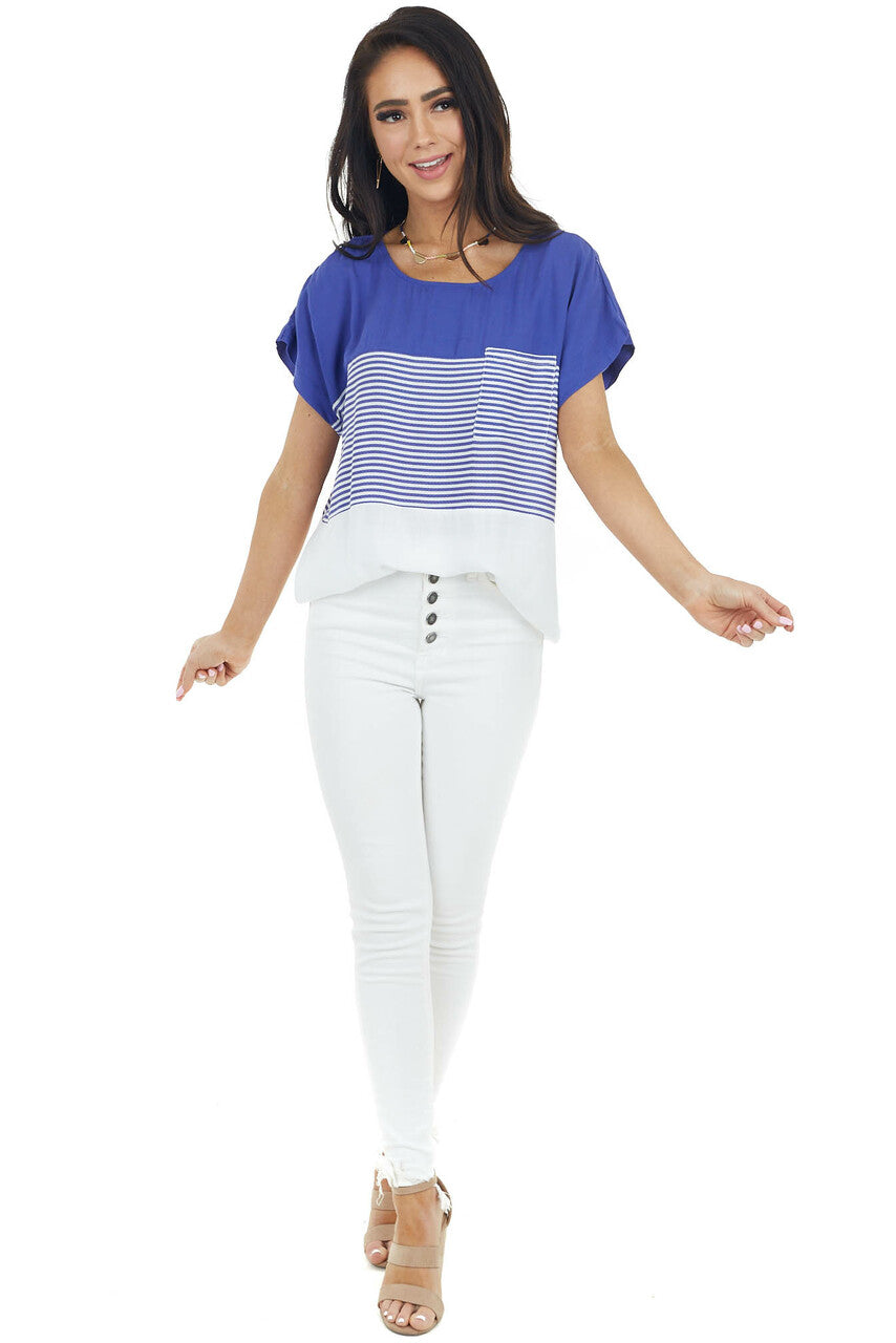 Royal Blue and White Colorblock Striped Short Sleeve Top