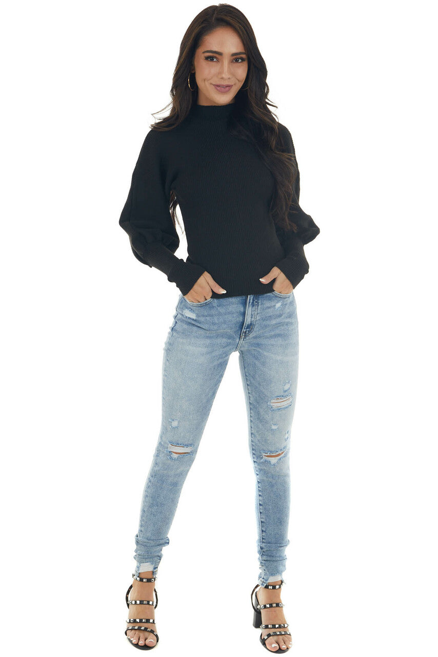 Black Ribbed Knit Sweater with Puff Sleeves