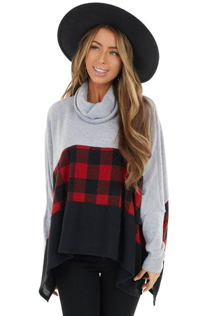 Crimson Red Buffalo Plaid Cowl Neck Long Sleeve Poncho