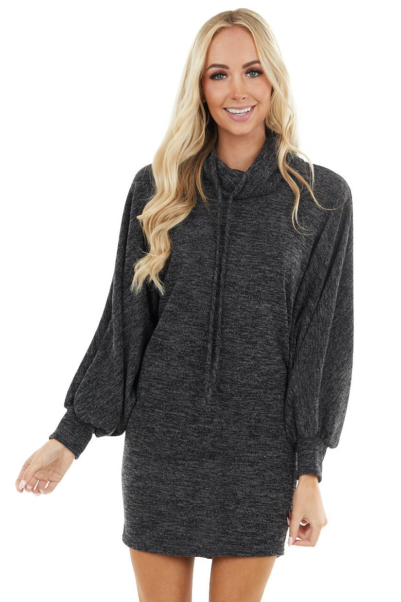 Black Two Tone Long Dolman Sleeve Dress with Cowl Neckline