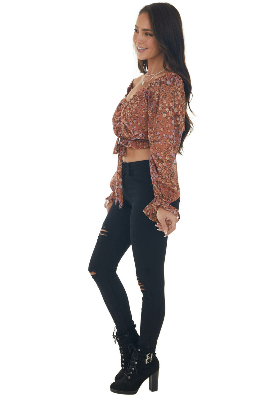Terracotta Floral Off Shoulder Cropped Top