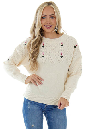Cream Sweater with Embroidered Flower Detail