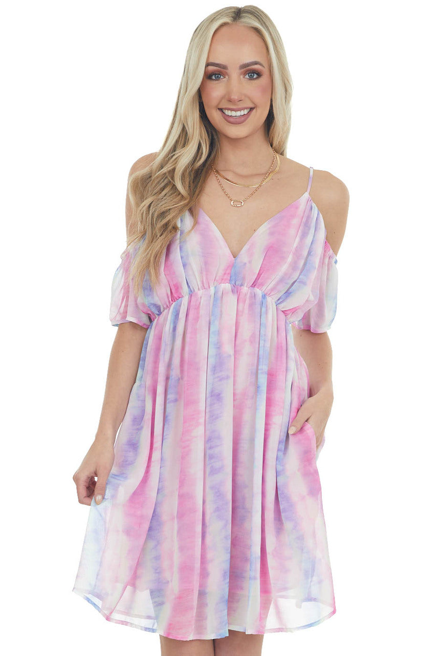 Thulian Pink Tie Dye Cold Shoulder Mini Dress