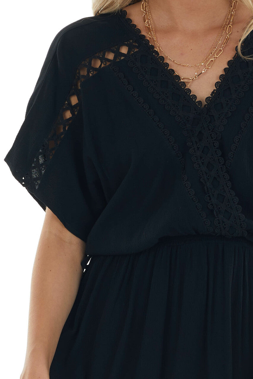 Black Crochet Lace Short Sleeve Surplice Dress