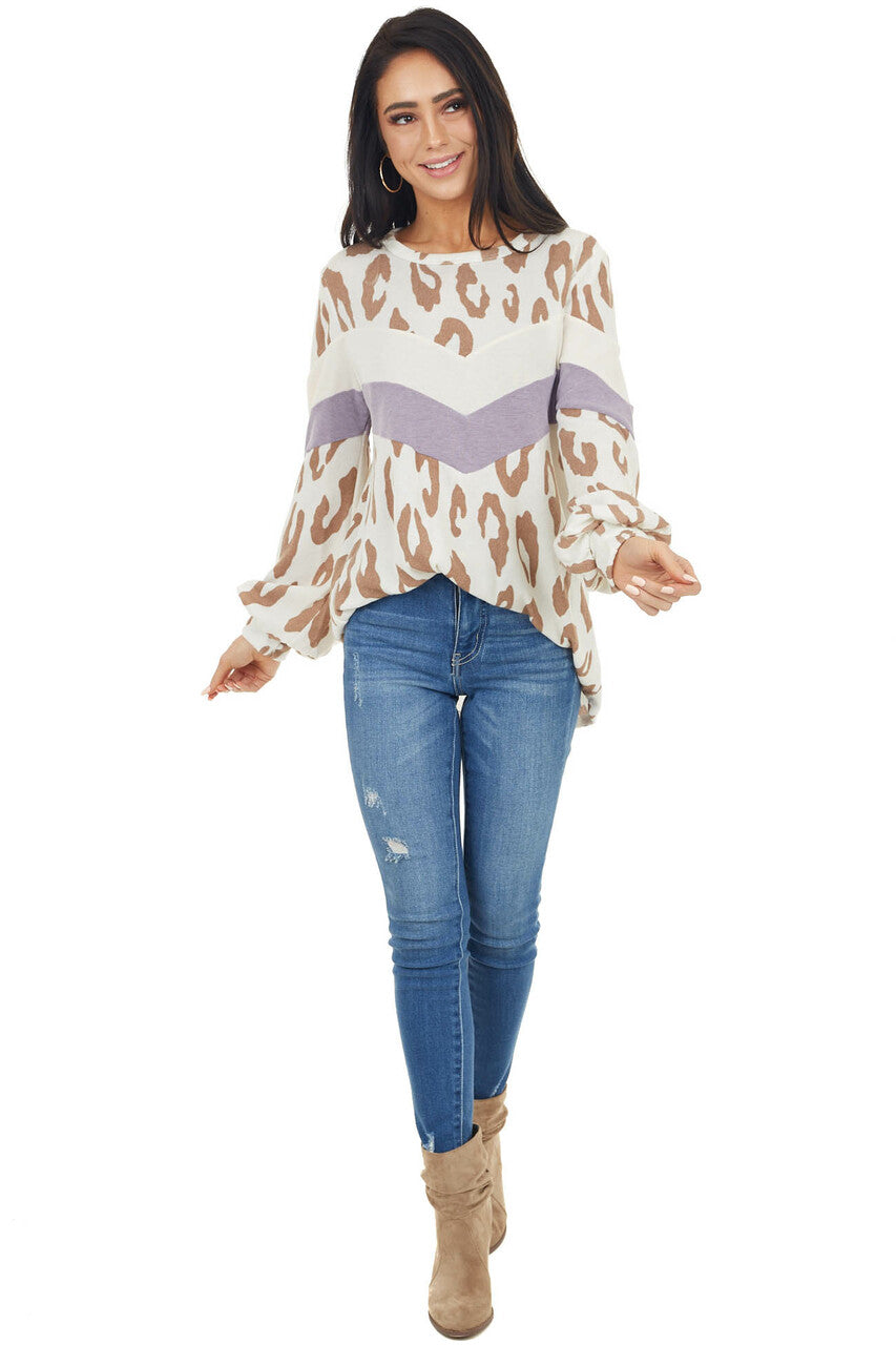 Ivory Leopard Print Puff Sleeve Top with Chevron Colorblock