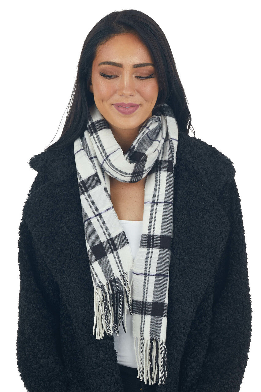 Ivory and Black Plaid Scarf with Fringe Edges