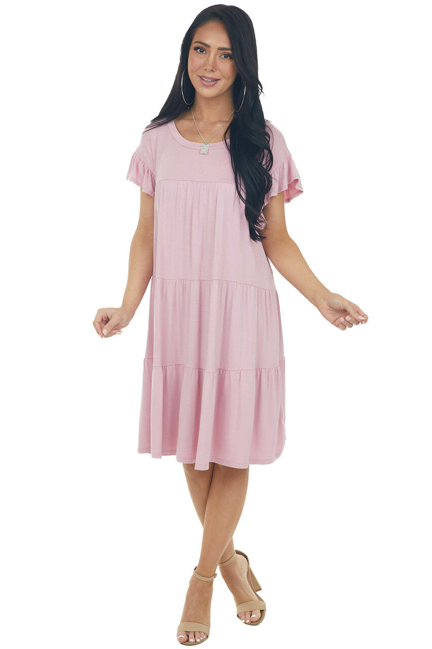 Carnation Pink Flutter Sleeve Tiered Dress