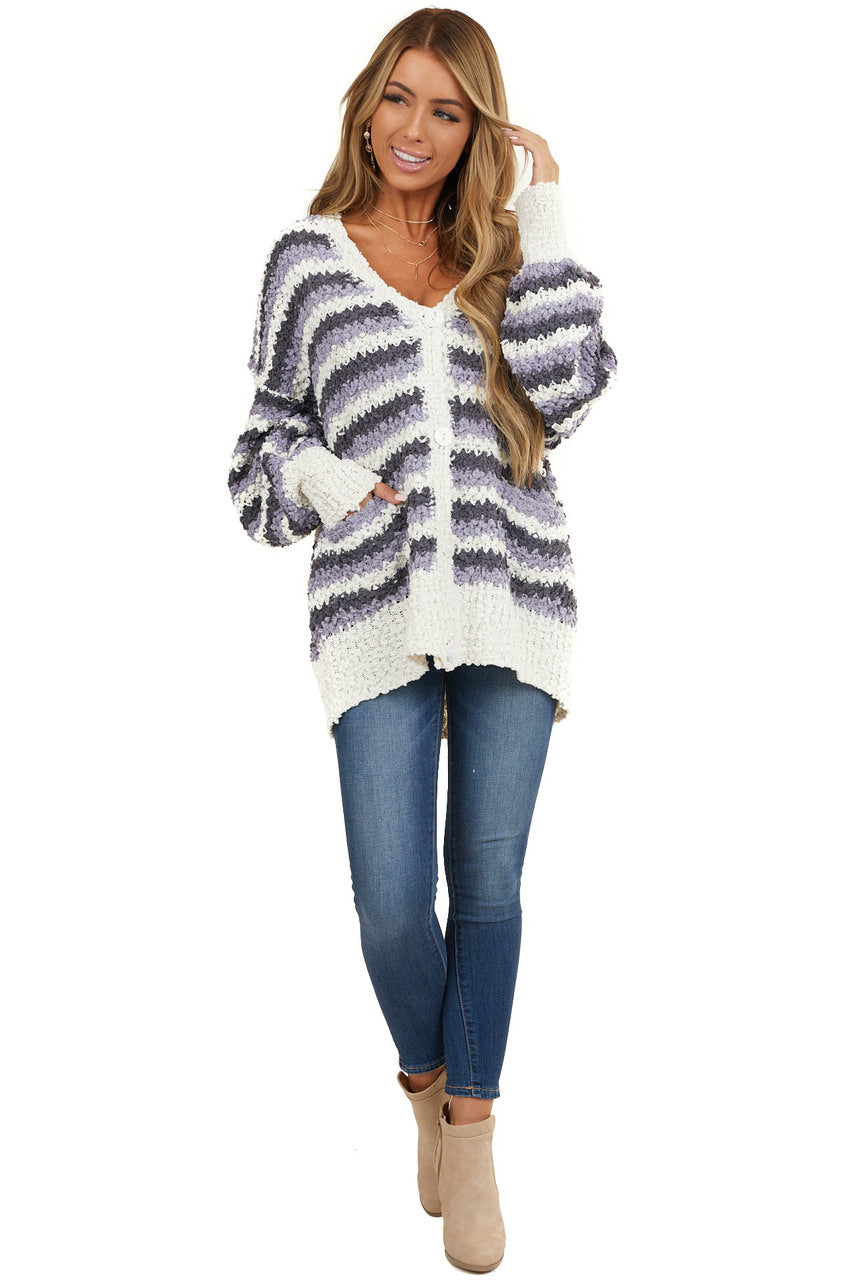 Charcoal and Periwinkle Chunky Knit Button Up Cardigan 