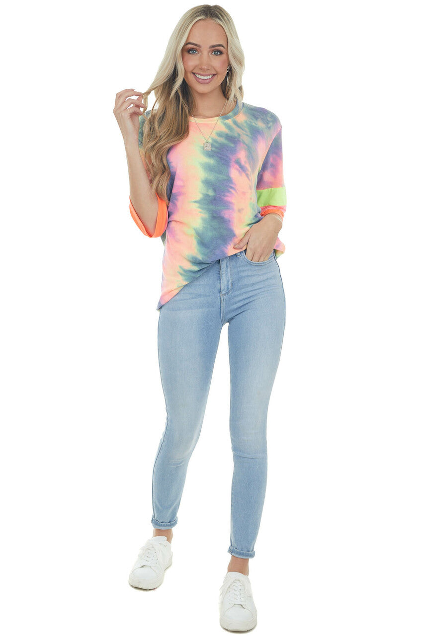 Neon Multicolor Tie Dye Knit Top with Stripe Contrast Detail