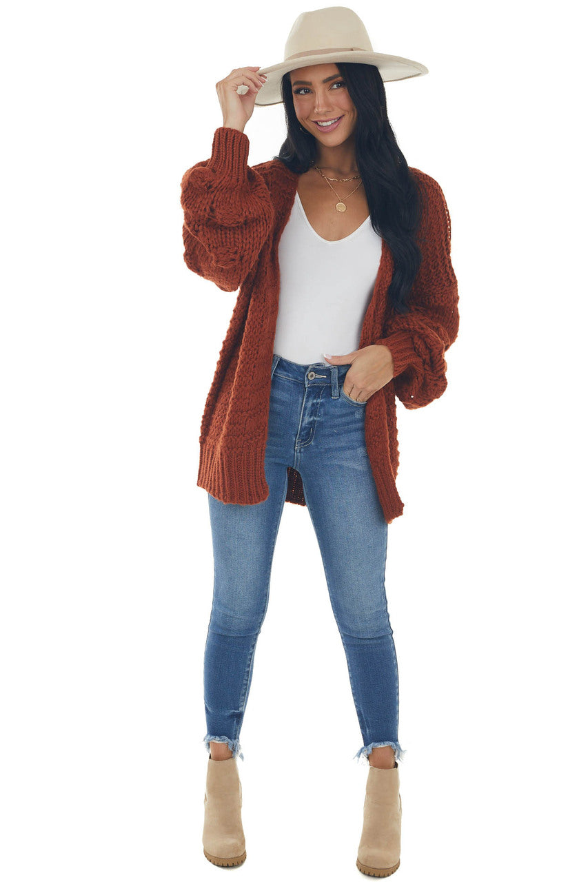 Rust Chunky Knit Cardigan with Long Sleeves