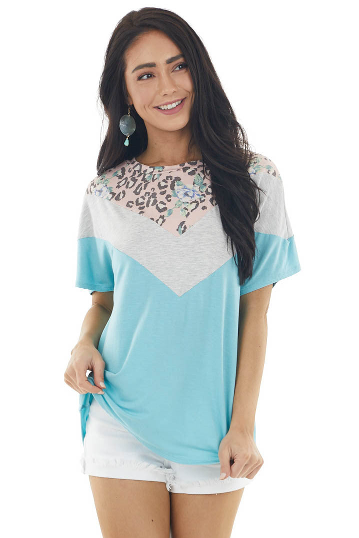 Turquoise and Dove Chevron Pattern Short Sleeve Knit Top