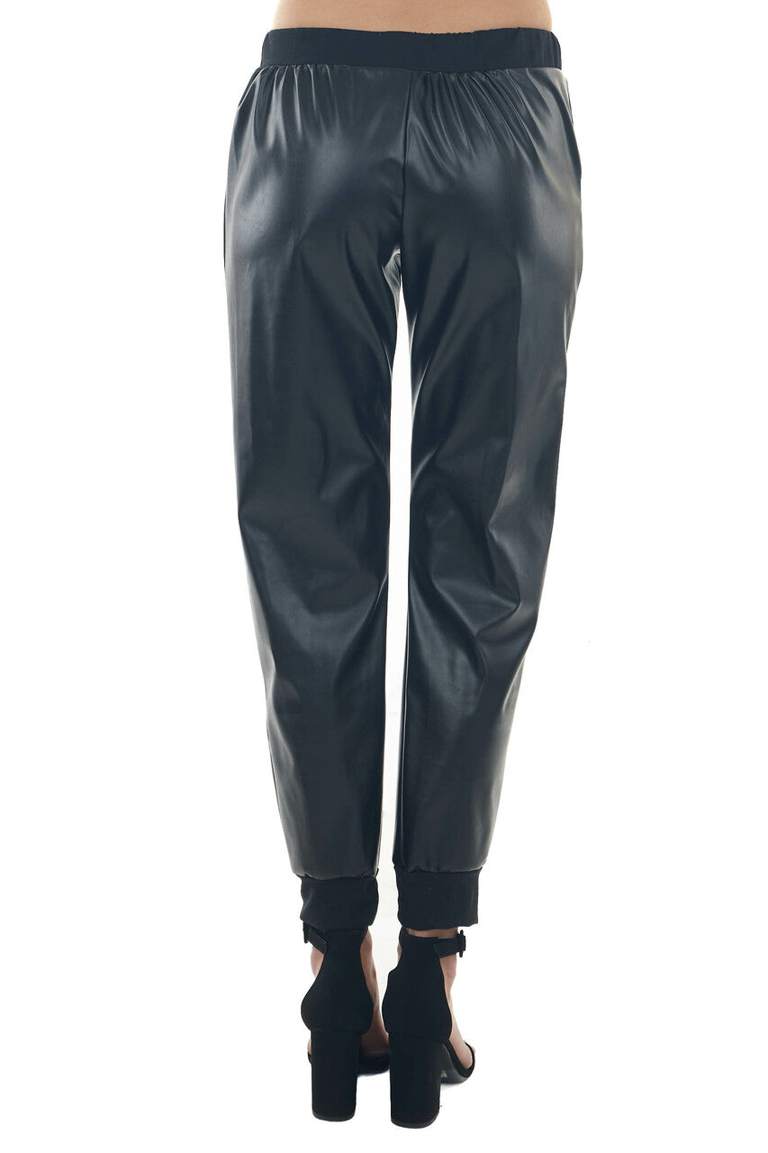 Black Faux Leather Joggers with Side Pockets