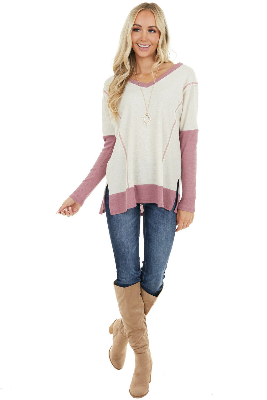 Cream and Mauve Contrast Waffle Knit V Neck Top