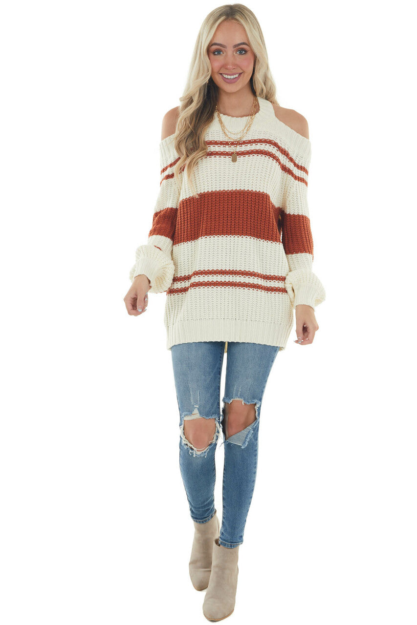 Tawny Striped Cold Shoulder Keyhole Sweater