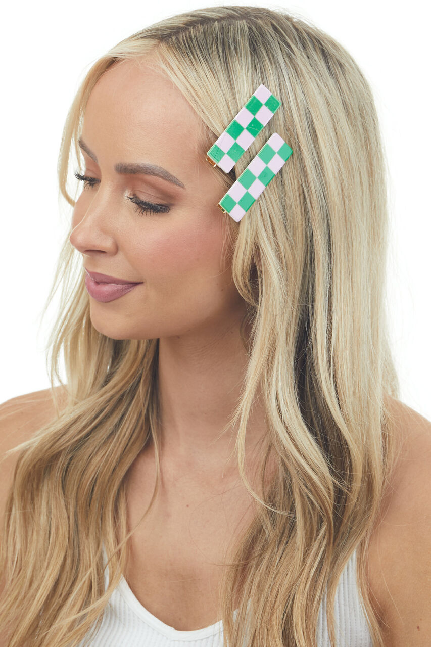 Jade and Mauve Checkered Bar Hair Clips 