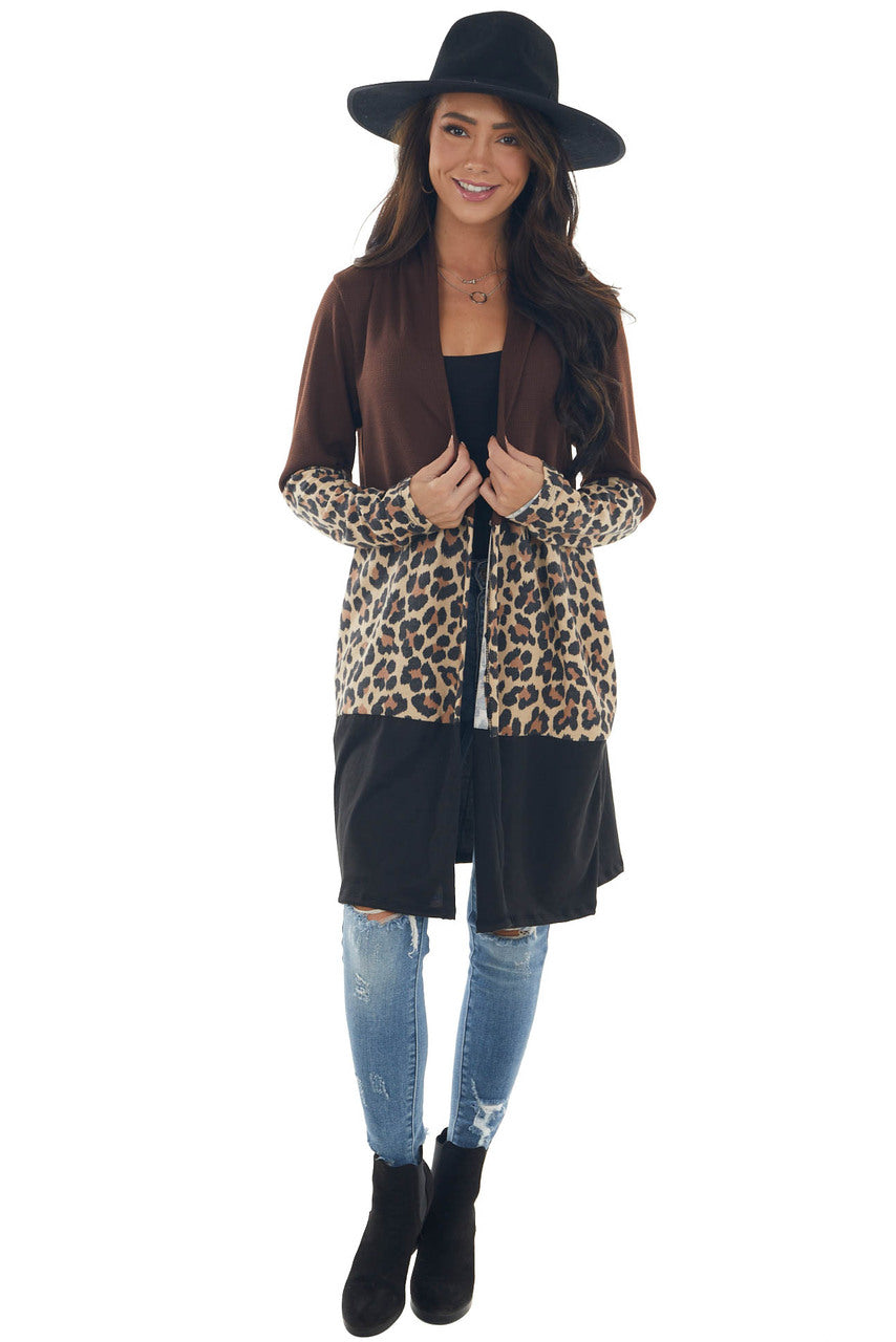 Chocolate Colorblock Leopard Print Cardigan