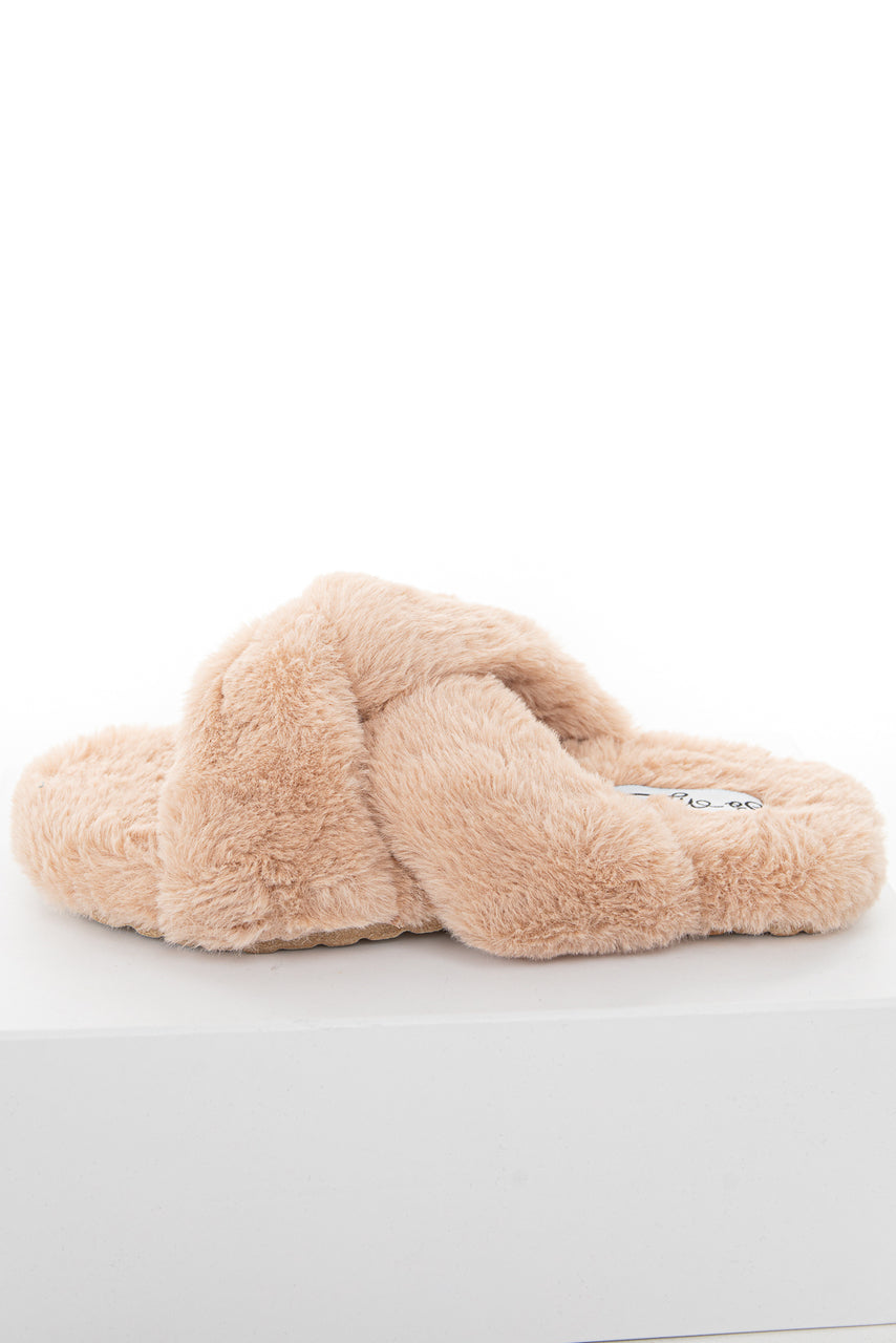 Desert Sand Fuzzy Sandal Slippers with Criss Cross Details