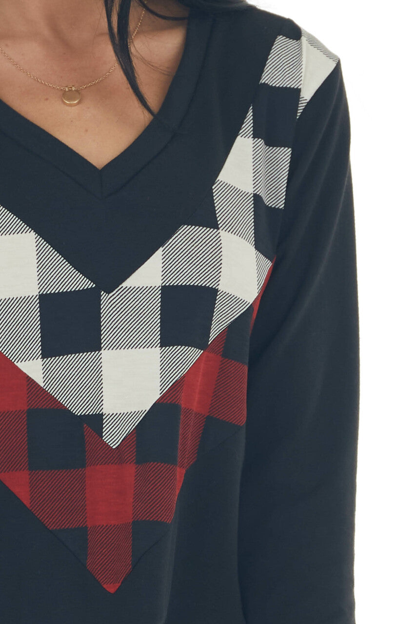 Black Knit Top with Buffalo Plaid Contrast
